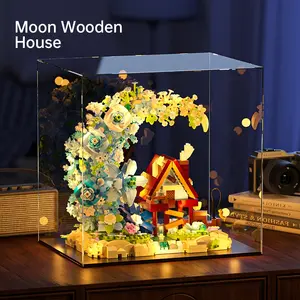 Moon Flower Wooden House Building Block Set, Building Blocks Model, Educational Assembly Toy, Home Decoration, Valentine's Day Gift, Birthday Present