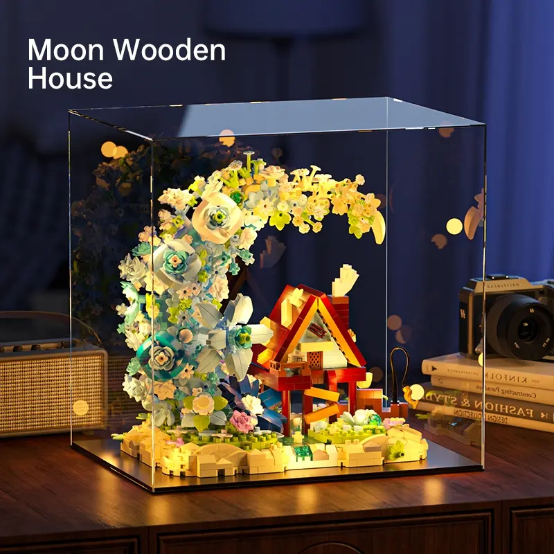 Moon Flower Wooden House Building Block Set, Building Block Kit, Building Blocks Model, Creative Building Blocks, Educational Assembly Toy, Home Decoration, Valentine's Day Gift, Birthday Present