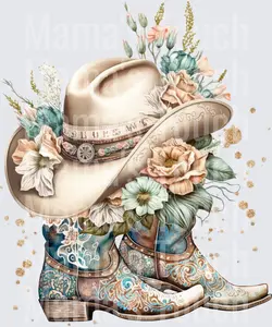 Western Cowboy Hat and Boots with Peach Sage Floral Bouquet