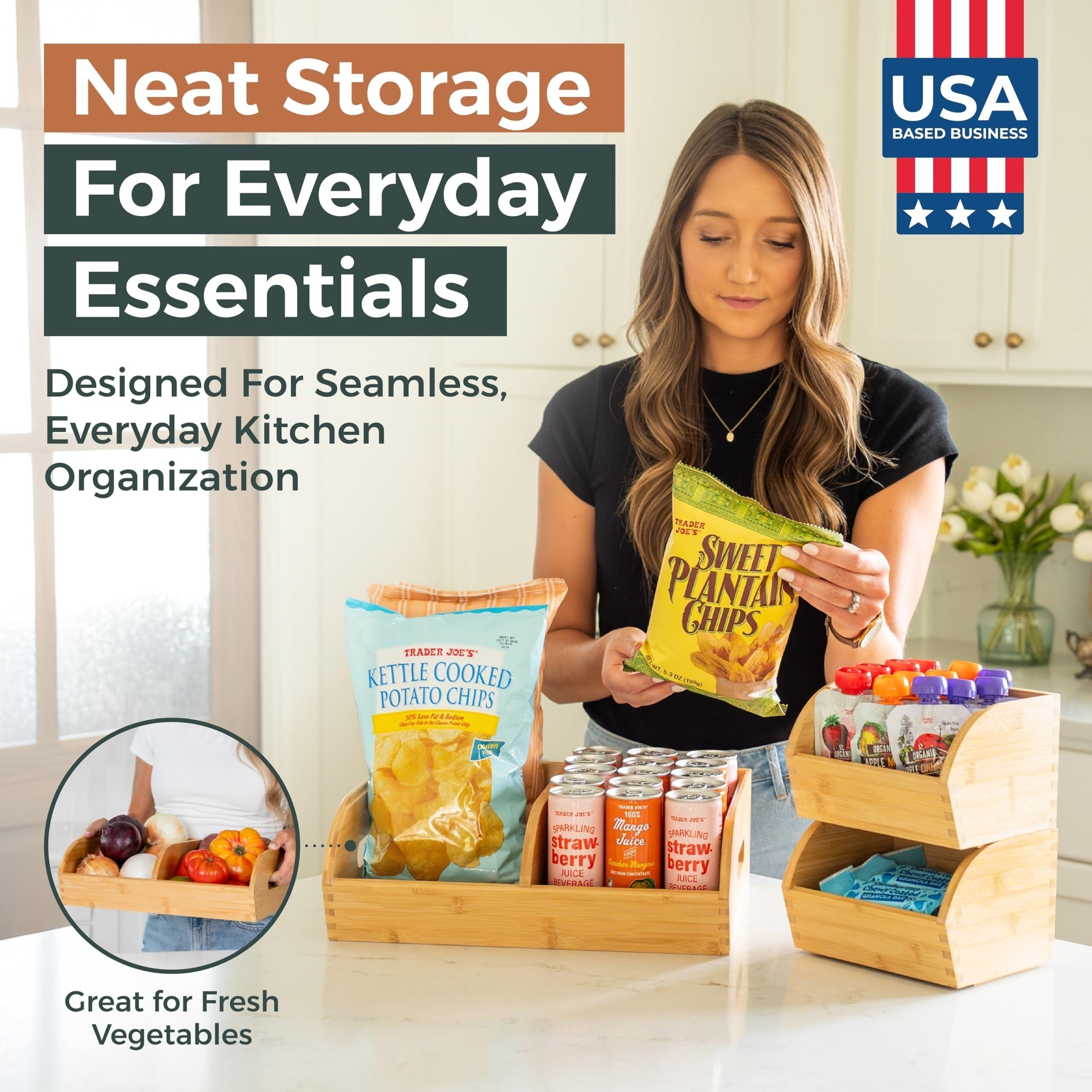 3 Pack Potato and Onion Storage Bin for Pantry and Kitchen Counter - Ventilated Stackable Bamboo Organizer Baskets with Handles - Multipurpose Organization Containers for Fruit, Vegetable, Pantry