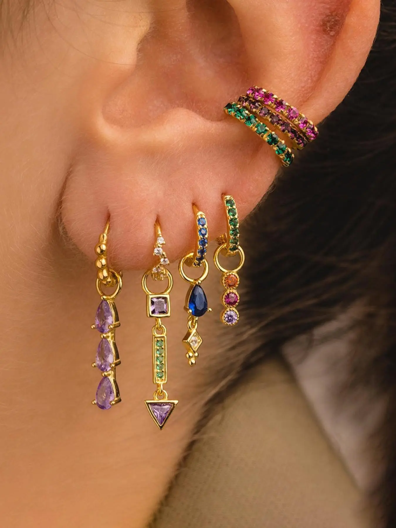 Women's Elegant Colorful Zircon Inlaid Earrings Set, Trendy Exquisite Chain Design Earrings, Chic Gorgeous Jewelry As Gift for Girlfriend, Earring Stacking Set, Stud Earring Jewelry