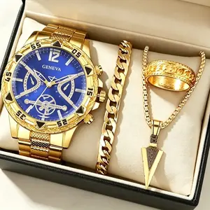 Hip-Hop Style Gold Watch Set | Rugged Chrono + Spear Necklace for Him