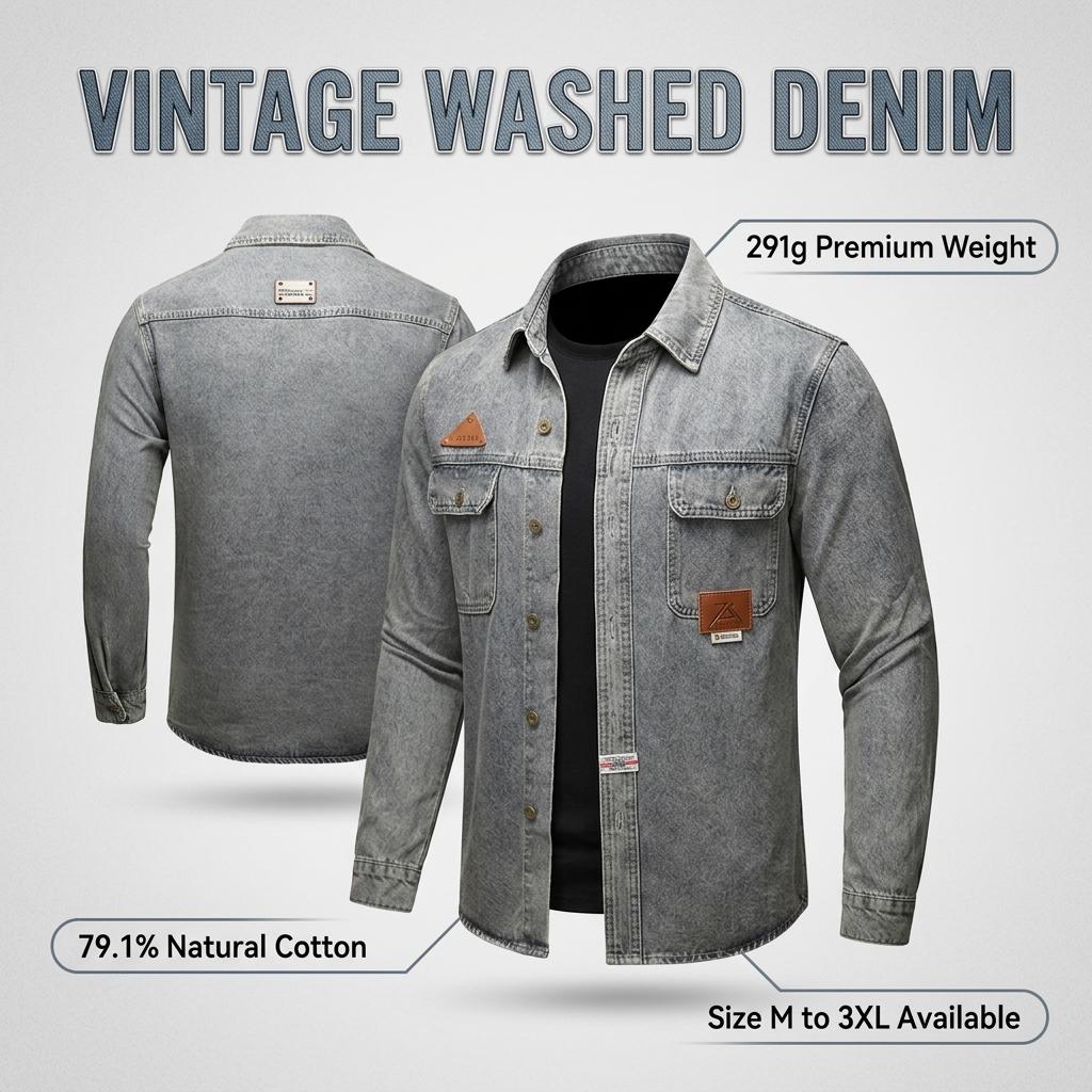 Men's  Washed Denim Shirt, Retro Distressed Biker  Shirt， Classic Trucker Shirt with Shoulder Stitching, Casual Button-Down Motorcycle Denim Shirt  for Men, Fashion Streetwear Denim Shirt for Daily Wear, Riding, Outdoor