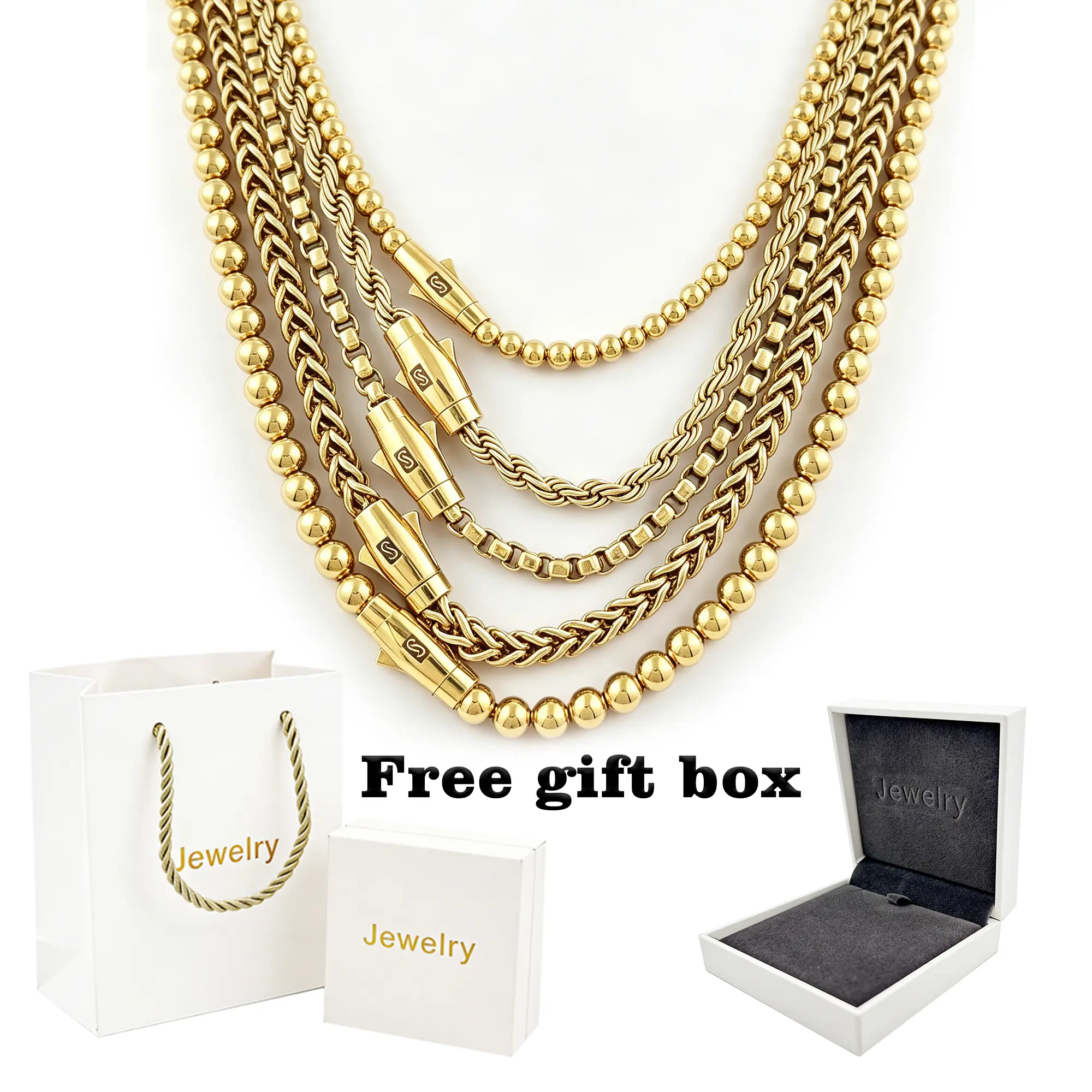 14K Gold Plated Monaco Miami Chain Necklaces for Men Women 4 Styles Twisted Rope Box Ball Bead Link Jewelry S Logo Bullet Clasp Waterproof Hypoallergenic Stackable Hip Hop Layered Neck Chain Free Gift Box Fashion Daily Statement Accessory Gift