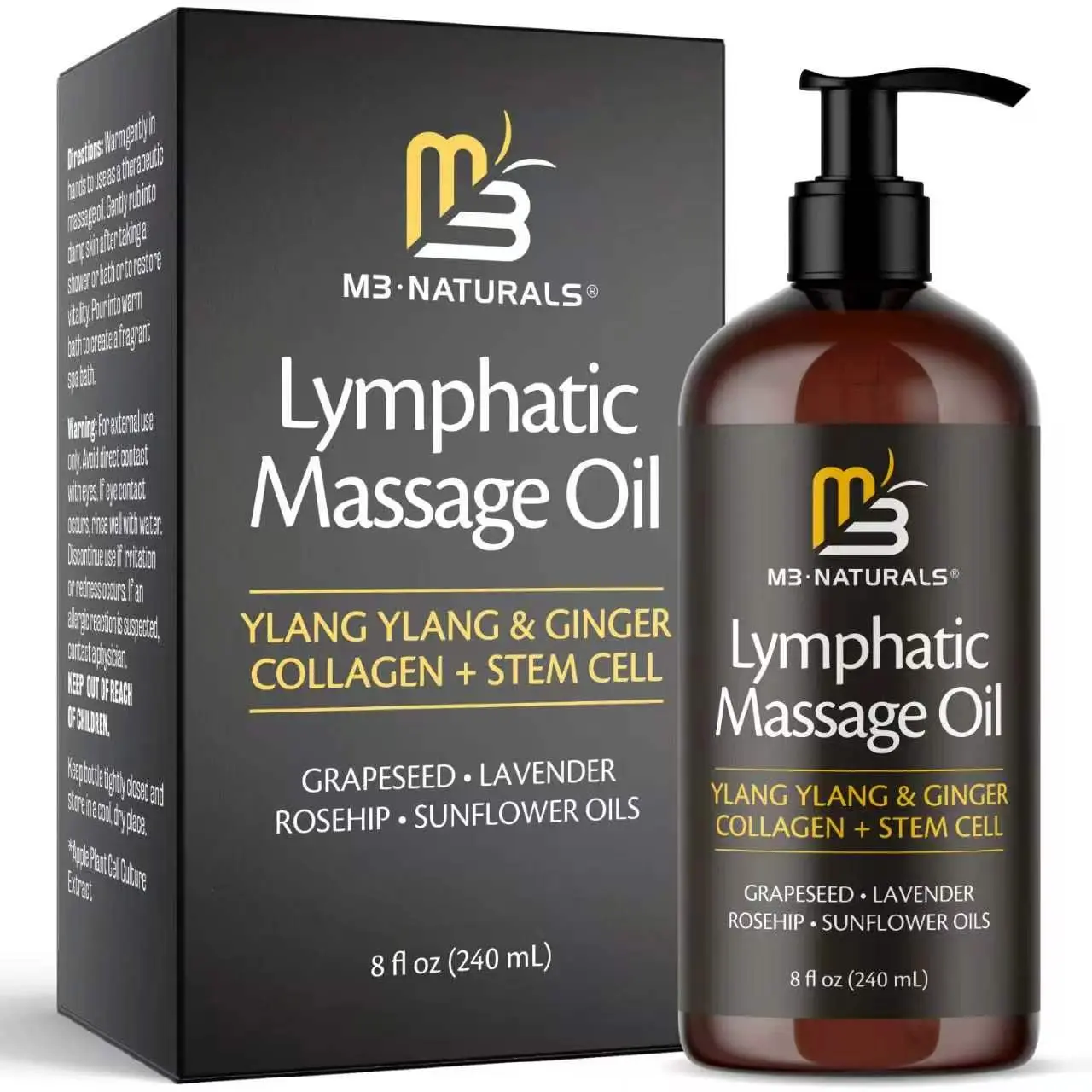 Ylang Ylang + Ginger Lymphatic Drainage Massage Oil – with Collagen & Stem Cells for Circulation, Detox & Cellulite Removal – Body Oil for Muscle Relief, Skin Firming & Relaxation – 8oz by M3 Body Scented Oil Calming Nourishing Oil