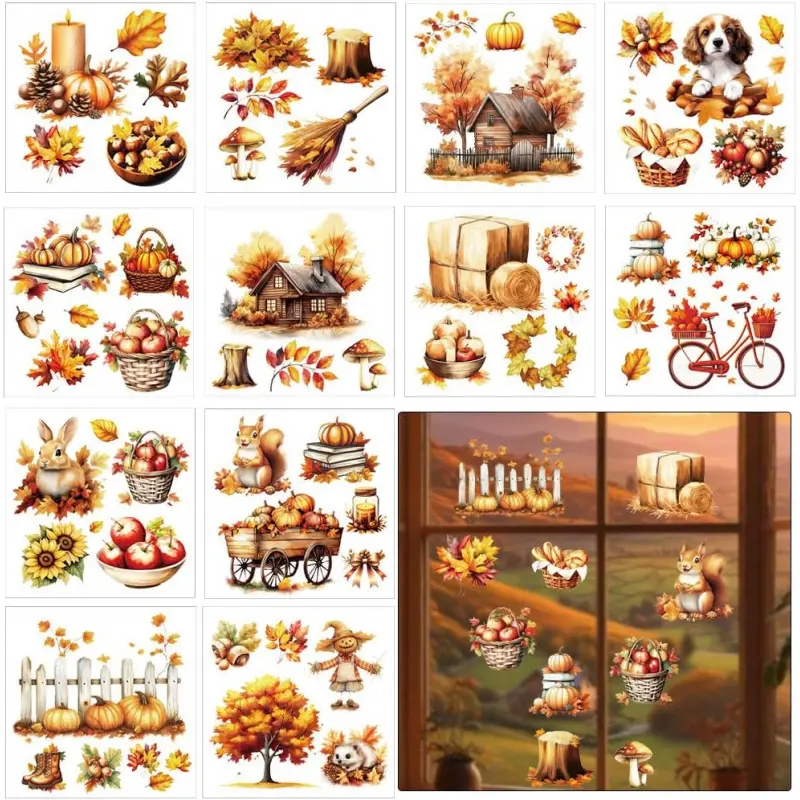 12 Sheets Fall Stickers Rub on Transfers for Crafts and Furniture Maple Leaf Pumpkin Teansfer Sticker Decals for  Glass Leather-5.5 x 5.5 inches Home Decorative Personalized Decals
