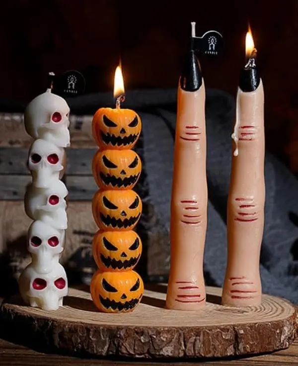 Halloween Fall Gift 4PCS Halloween Mini Candle Gifts – Pumpkin Stacked & Witch Finger Spooky Gothic Candles, Festive Party Decor, Basket Stuffers & Fall Holiday Gifts for Men Women Adults
