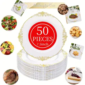50-Piece & Gold Reusable Vintage Dinnerware Set, Heavy-Duty Plates & Dessert Dishes, Perfect for Birthdays, Parties, Holidays