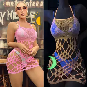 Fluorescent Netting Luminous Jumpsuit Sexy Pantyhose Neon Green Lace Cutouts for Nightlife Fishnet Women's lingerie lady exotic intimates