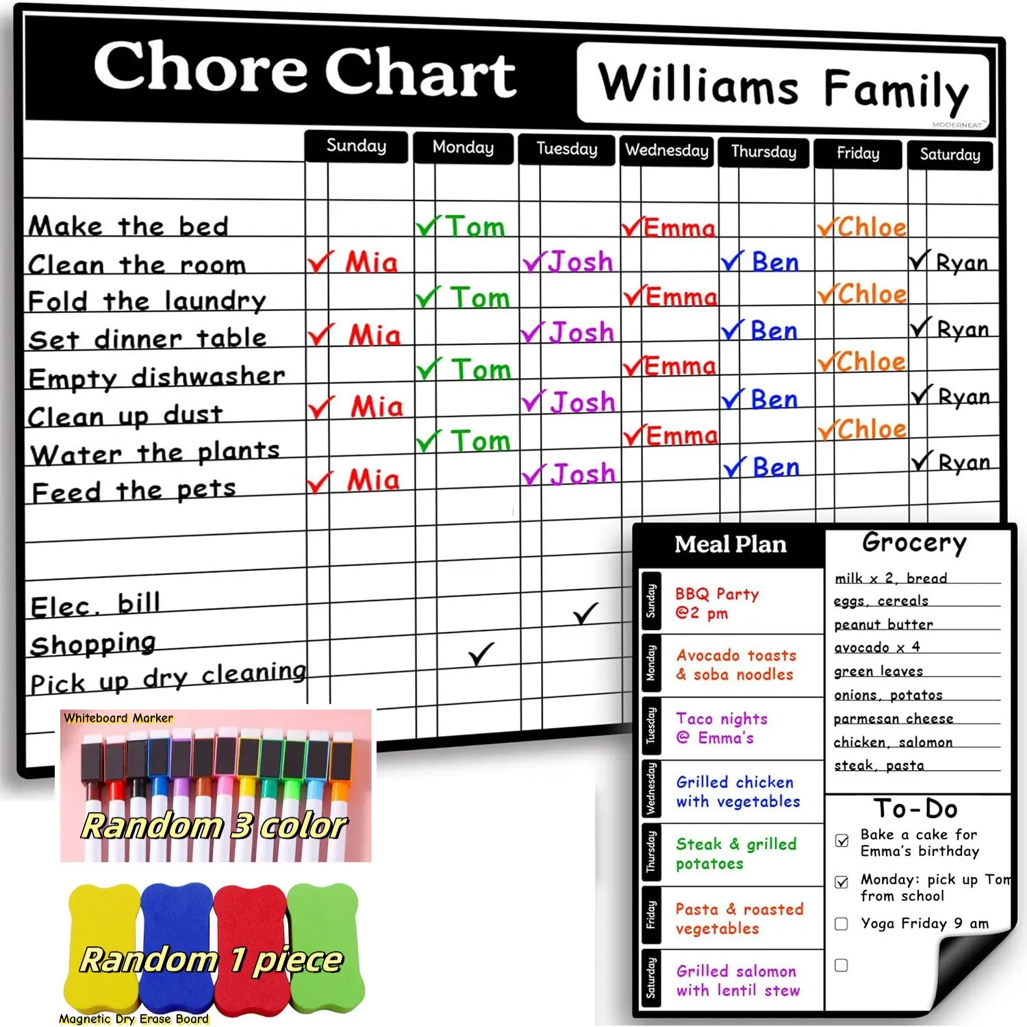 Magnetic Chore Chart Dry Erase Whiteboard Set, Pocket Charts for Teens & Adults, Weekly Planner, Home Planner, Daily To-Do, Grocery, Notes, Includes Markers & Eraser, Dry Erase Calendar