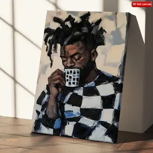 [2D Flat] 1pc Modern Abstract & Coffee Cup for Canvas Painting - African American Male Artist Portrait with Dreadlock Hairstyle, Geometric & Brown Background - Wrapped Wood Frame Wall Art for Living Room, Office, Cafe Decor - Minimalist Modern Home