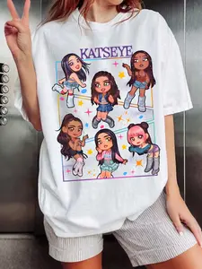 Katseye chibi group Graphic print Lady t-shirt, Fitted, K-Pop fans oversized tee, Katseye stans apparel, K-Pop merch, chibi-themed everyday casual oversized K-Pop tee, breathable durable casual Summer t-shirt, Katseye fan merchandise, Womenswear