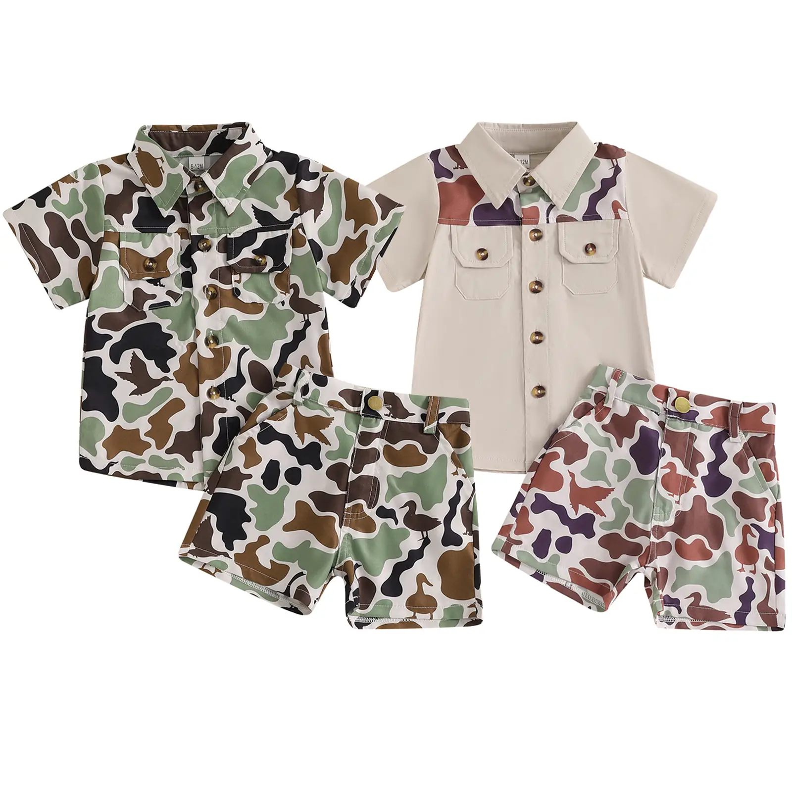 Toddler Baby Boys Hunting Outfit Duck Camo Button Down Short Sleeve Shirt Tops Camouflag Shorts Set 2Pcs Summer Outfits