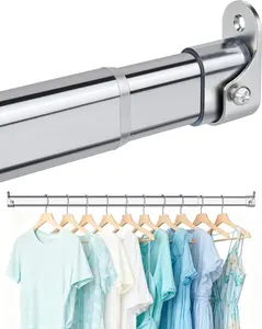 Adjustable Heavy Duty Extendable Oval Chrome Closet Rod for Hanging Clothes, 30 to 54.5 Inch, Carbon Steel Wardrobe Tube with End Supports