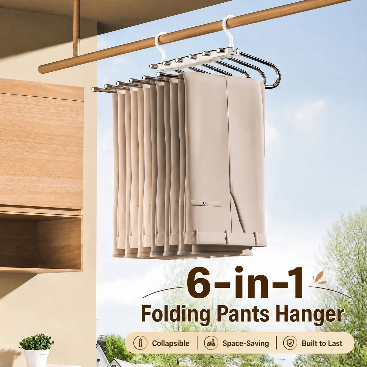 6-in-1 Folding Pants Hangers Space Saving Closet Organizer, Anti-Slip Multifunctional Pants Rack for Jeans & Trousers, Heavy Duty Stainless Steel Wardrobe Storage