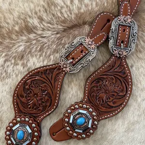 Pair of Ladies Size Genuine Leather Western Spur Straps Turquoise Stone Conchos
