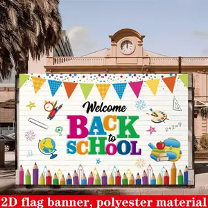 2DFlat1pc Colorful School Style WELCOME BACK TO SCHOOL Welcome Banner, With Stationery, Rainbow Pencils and Pennant Elements, Ideal for Back to School Classroom Decoration, Campus Welcome Events, School Party Decor, Can Be Used as a Photo Banner