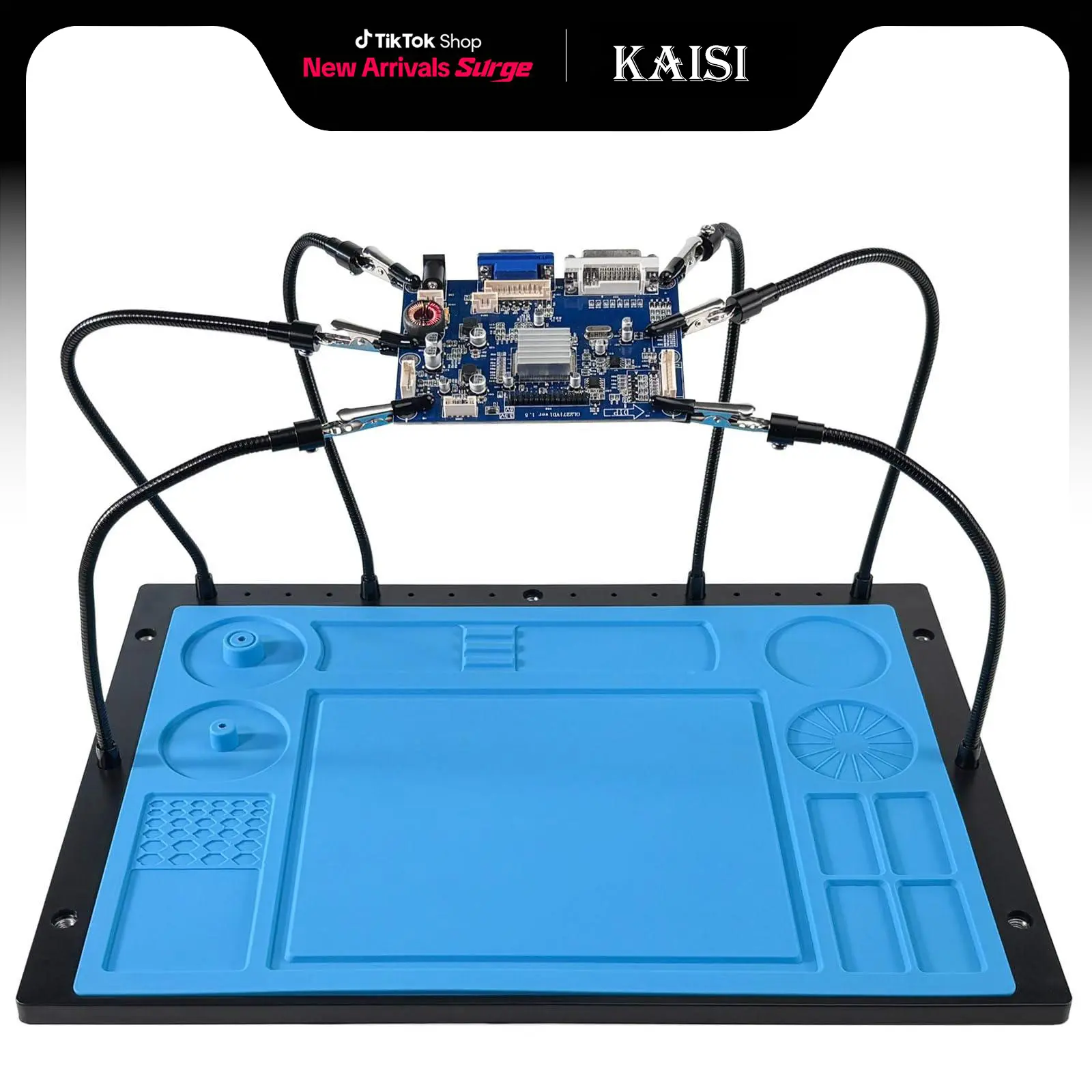 Kaisi 6-Arm Helping Hands Soldering Station Tool Kit - Heavy-Duty Metal Base, Heat-Resistant Silicone Mat, 2×13.39" Adjustable Arms, 11 Fixing Holes, Adjustable PCB Holder for Electronics Repair, DIY Projects