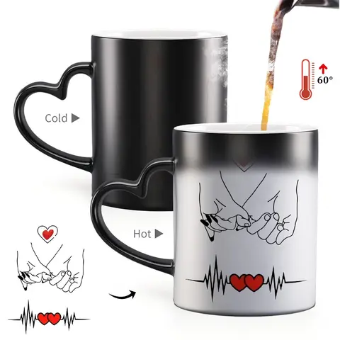 1pc Magical Color Changing Cute Beverage Mug with Red Hearts Design - Heart-Shaped Handle, Romantic Mug for Couple's Anniversary and Valentine's Day, 11oz/325ml, Drinkware, Color Changing Cup