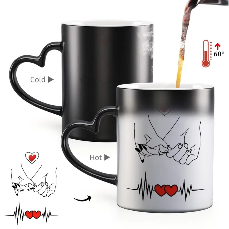 1pc Magical Color Changing Cute Beverage Mug with Red Hearts Design - Heart-Shaped Handle, Romantic Mug for Couple's Anniversary and Valentine's Day, 11oz/325ml, Drinkware, Color Changing Cup