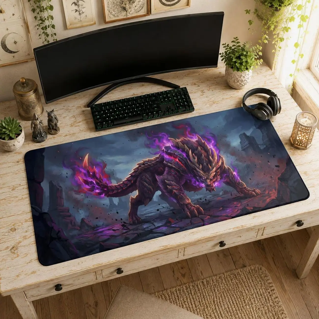 Stygian Zinogre Mouse Pad | Dragon Wolf Desk Mat, Monster Hunter Fan Art, Dark Aesthetic Mat
