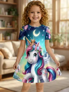 Girls Summer Crown Pegasus Unicorn Print Dress, Kids Moon Star Rose Crew Neck Short Sleeve A-Line Dress