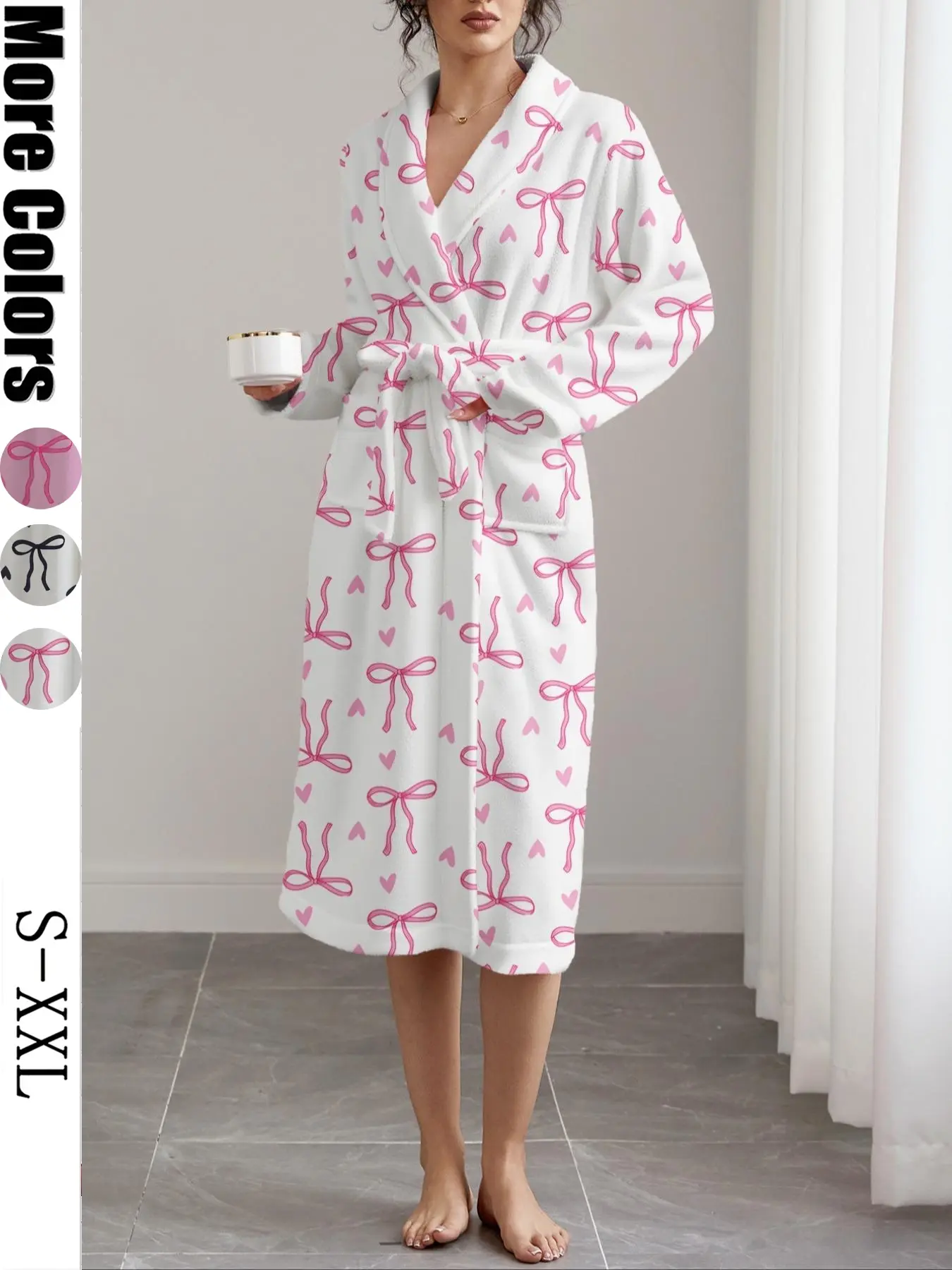 Women's Flannel Robe, Soft Plush Winter Sleepwear Loungewear, V Neck Long Sleeve, Bow Print, Casual Home & Outdoor Wear