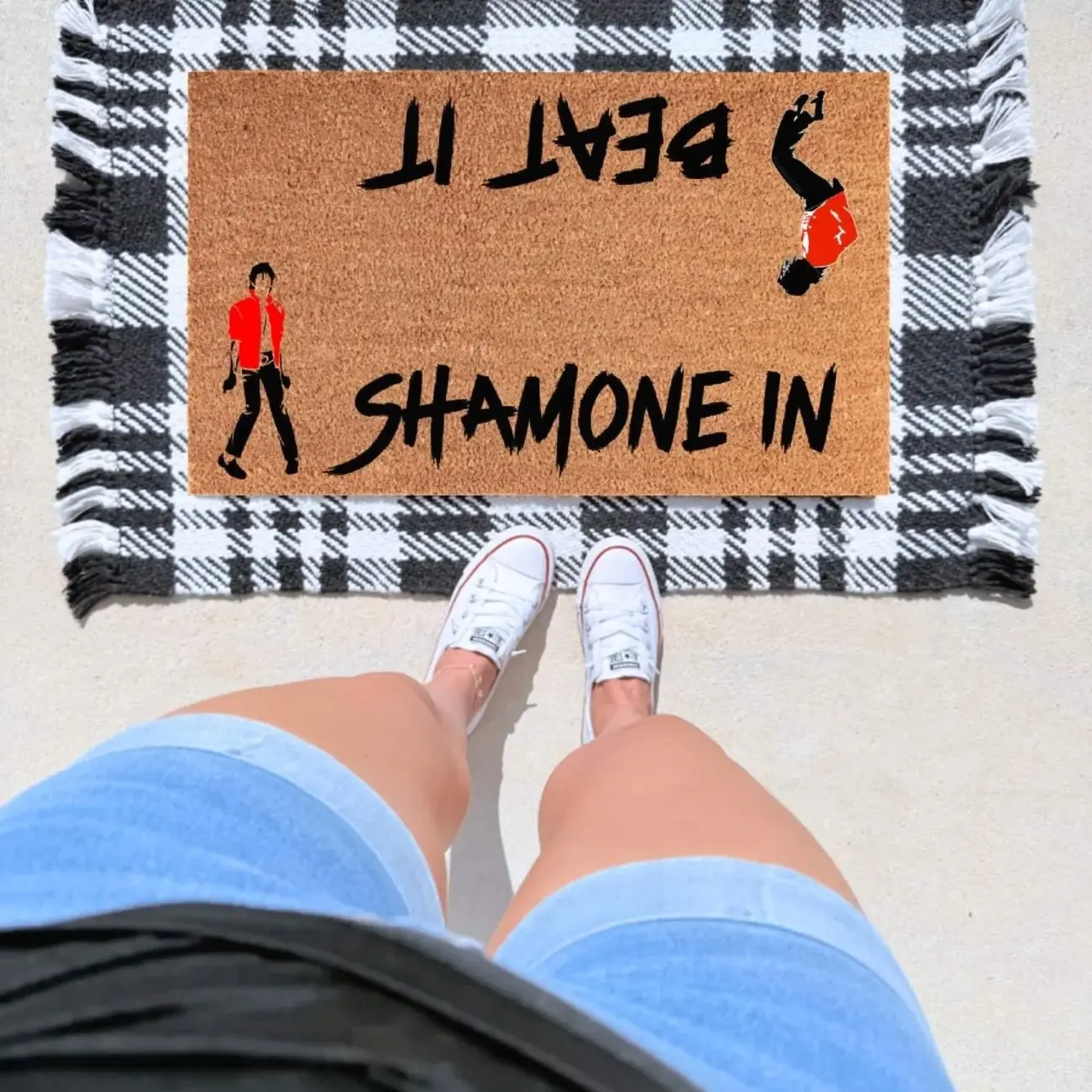 Shamone In, Beat It Doormat – Funny Michael Jackson Inspired Welcome Mat | Pop Culture Front Porch Decor | Unique Gift for Music Lovers