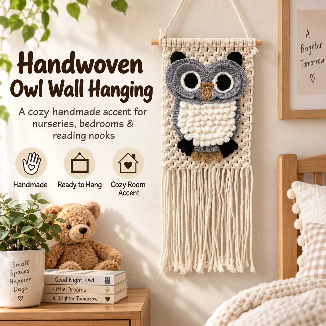Handwoven Owl Macrame Wall Hanging, Boho Woven Wall Decor with Fringe, 9.84 x 22.44 in