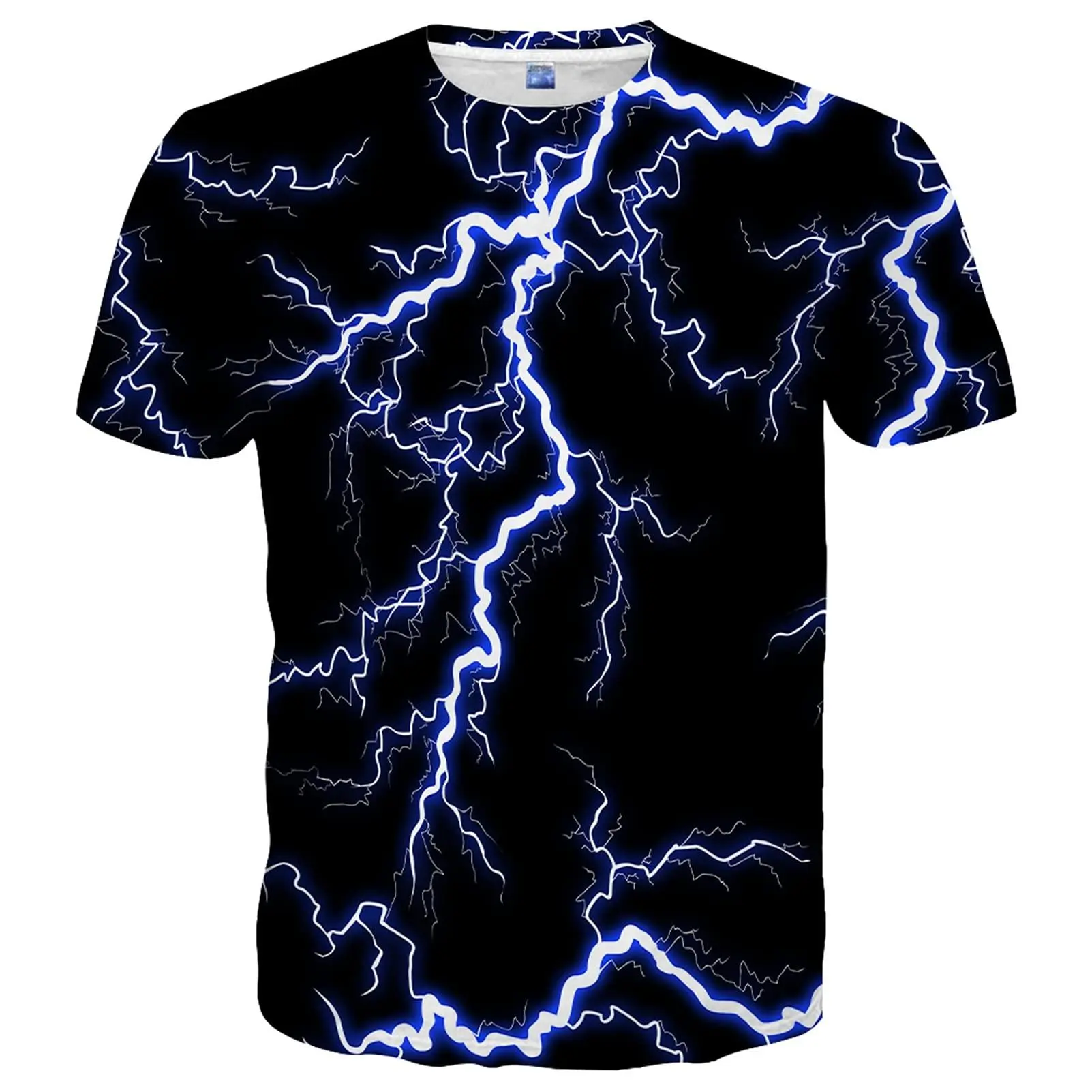 Unisex 3D Blue Lightning Bolt Print Black T-Shirt | Halloween, Casual Daily, Street Style – Bold Electric Design for Men & Women
