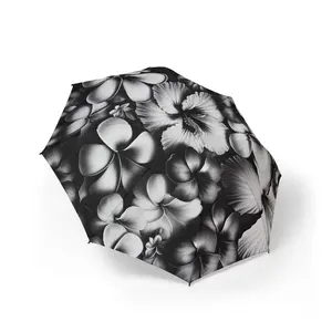 black and white Hawaiian flowers Umbrella - Semi-Automatic Foldable Design