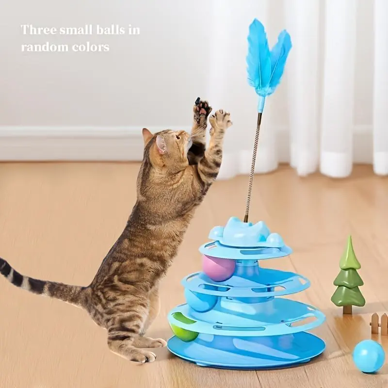 1pc MIAOQUANJI Cat Spinner Toy with Feather Teaser & Spinner Ball - Interactive Rotating Wand Suitable for Kittens, Plastic Feather Teaser for Play, Anti-Boredom Gift for Cats, Breed Sizes, Holiday Gift for Cat Owners