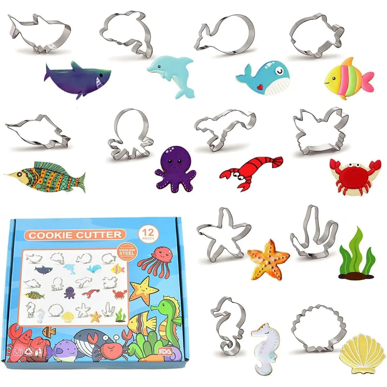 12 count  Creatures Cookie Cutters, Dolphin, Crab, Clownfish, Octopus, Seahorse, Starfish, Jellyfish, Seashell, Shark, Seaweed Stainless Steel Cookie Cutters for Baking (Sea Animals)