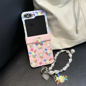 Korean Cute Flower Rabbit Phone Case For Samsung Galaxy Z Flip 7 6 5 4 3 Flip6 Flip7 Cover with Chain Hinge Cases Kawaii Funda