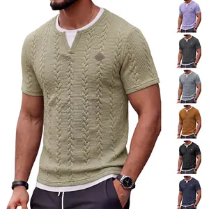 Men's Textured Knit Henley T-Shirt, Casual Short Sleeve Double Layer Tee