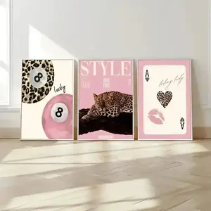 3pcs Modern Art Leopard Poker Pink Style Wall Decoration Poster Print Modern Living Room Bedroom Home Frameless Canvas Painting