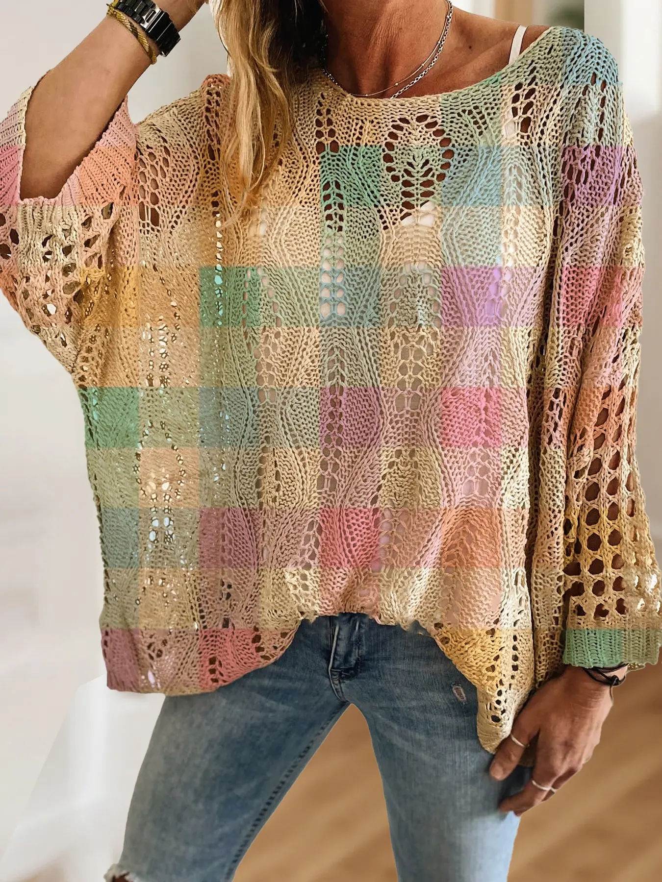 Women's Geometric Plaid Gradient Print Long Sleeve Knit Hollow Out Top, Casual Chic Elegant Vacation Style Sweater, Valentine's Day Fashion, Knitwear, Spring, Womenswear, Clothes, Piece