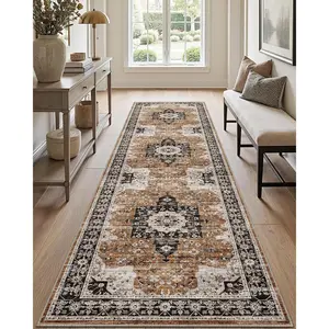 Hallway Washable Runner Rug 3x12, Vintage Farmhouse Thin Kitchen Runner with Non Slip Backing, Soft Entryway Floor Rug, Stain Resistant Distressed Carpet for Bedroom Living Room, Brown