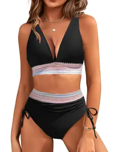 Womens High Waisted Bikini Sets Tummy Control Color Block Two Piece Swimsuit Full Coverage 2025 Bathing Suit #             summer is coming