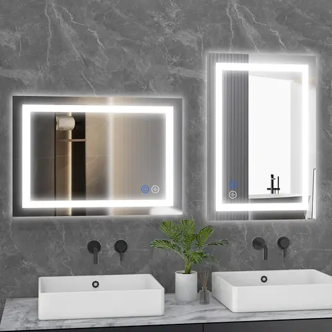 Sweetcrispy 5 mm Tempered Glass Bathroom Vanity Mirror - Modern Minimalist Backlit Lighted LED Mirror, Dimmable, Anti-Fog, 3 Temp Color Lights, Dual Lighting, Center Heat Pad for Bathroom Makeup, Shaving
