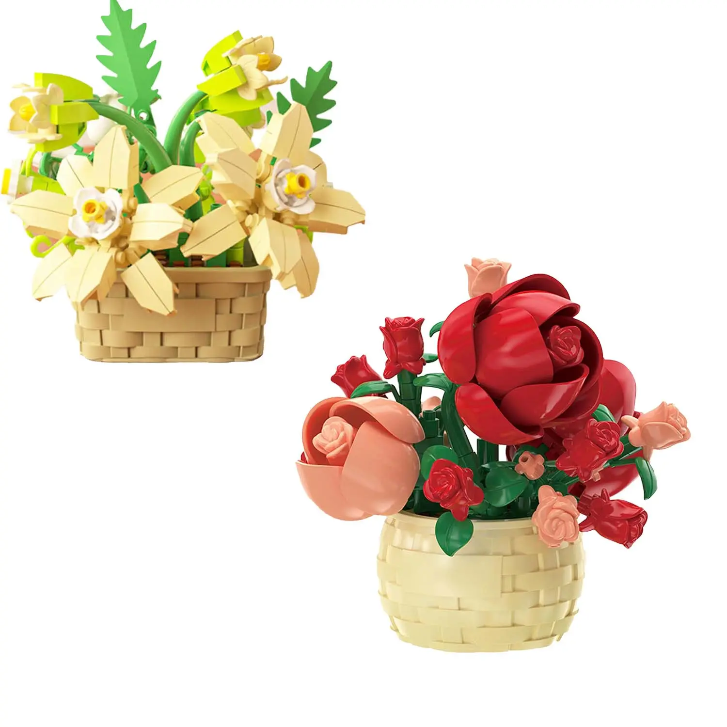 2-Pack DIY Dust-Resistant ABS Plastic High-Precision Colorful Floral Micro Blocks Building Sets - Artificial Red Rose & Daffodil Potted Bonsai, Compact Desktop Craft Decoration Basket, Romantic Gifts for Women