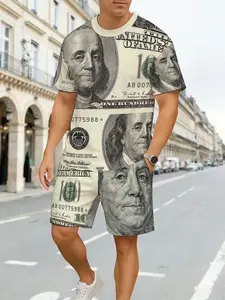 American Street Style Dollar Print Short Sleeve Track Shorts Set, Summer Fashion Essential, Unique for Men & Women