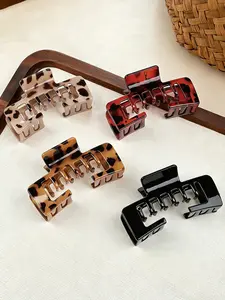 4pcs Vintage Elegant Leopard Print Hair Claw Clips, Anti-Slip Square Hair Grips with Hat, Dual Teeth Hair Clips for Thick Hair