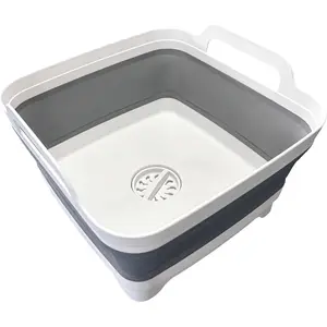 9L (2.4Gal) Dish Basin Collapsible with Drain Plug Carry Handles,Kitchen Storage Tray Dish Wash Basin, Portable Dish Tub, Foldable Dishpan for Camping,RV,Gray