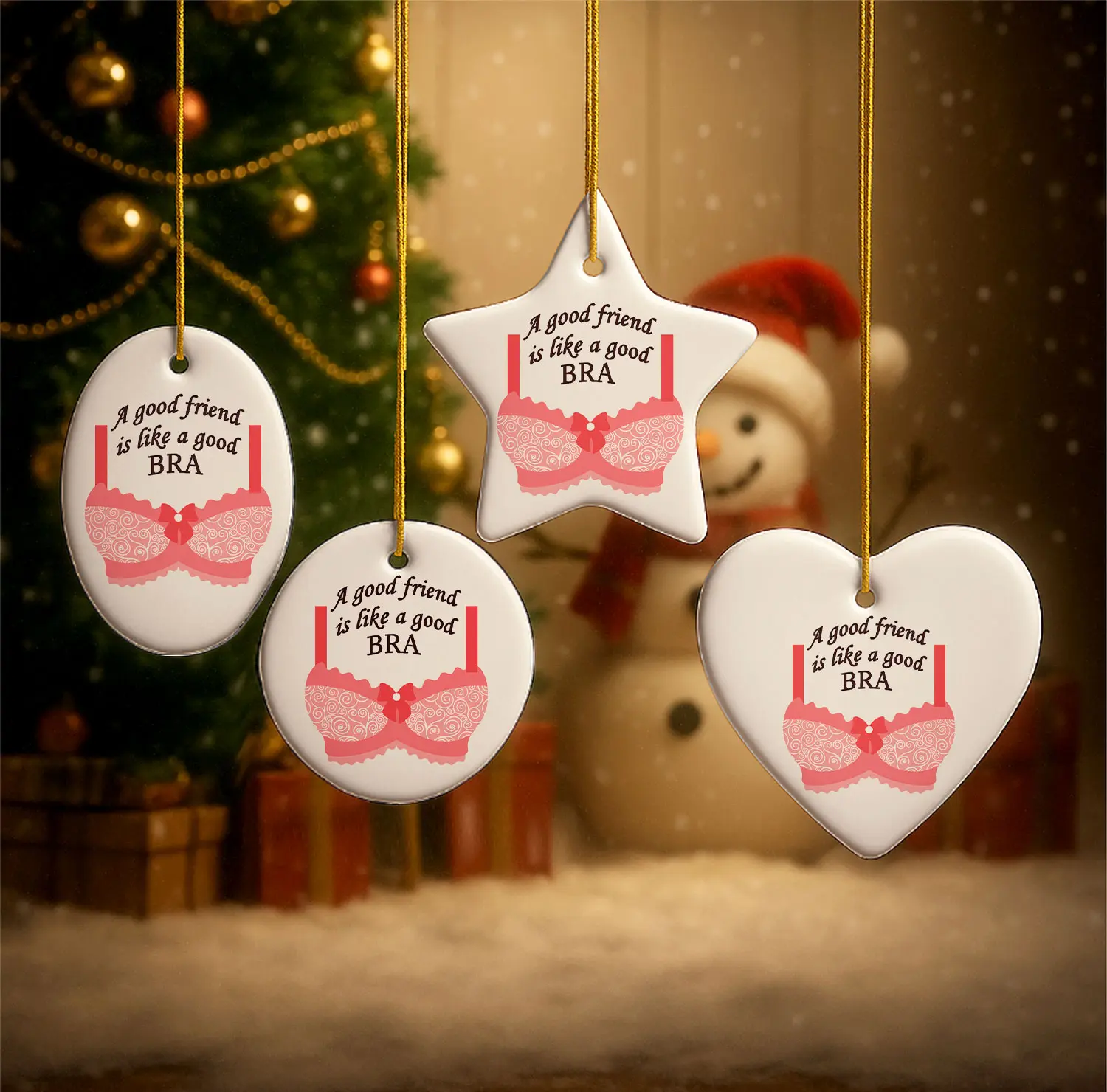 A Good Friend Is Like A Good Br Ornaments - Christmas Tree Holiday Decoration, Home & Tree Decor, Durable Ceramic Ornaments with Playful Santa Design, Lightweight Easy to Hang with Gold String