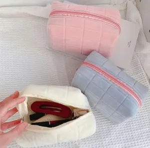 LMMAKE Plush Makeup Bag Foldable Design Large Capacity Pink & Blue Cosmetics Organizer for Travel School Daily Use with Strong Zipper