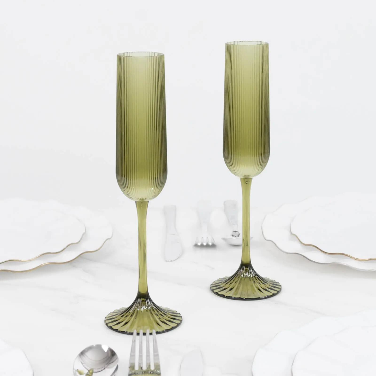 12 Pack Vintage Ribbed Champagne Flutes 4oz Transparent Dusty Sage Green – Disposable Plastic Toasting Glasses