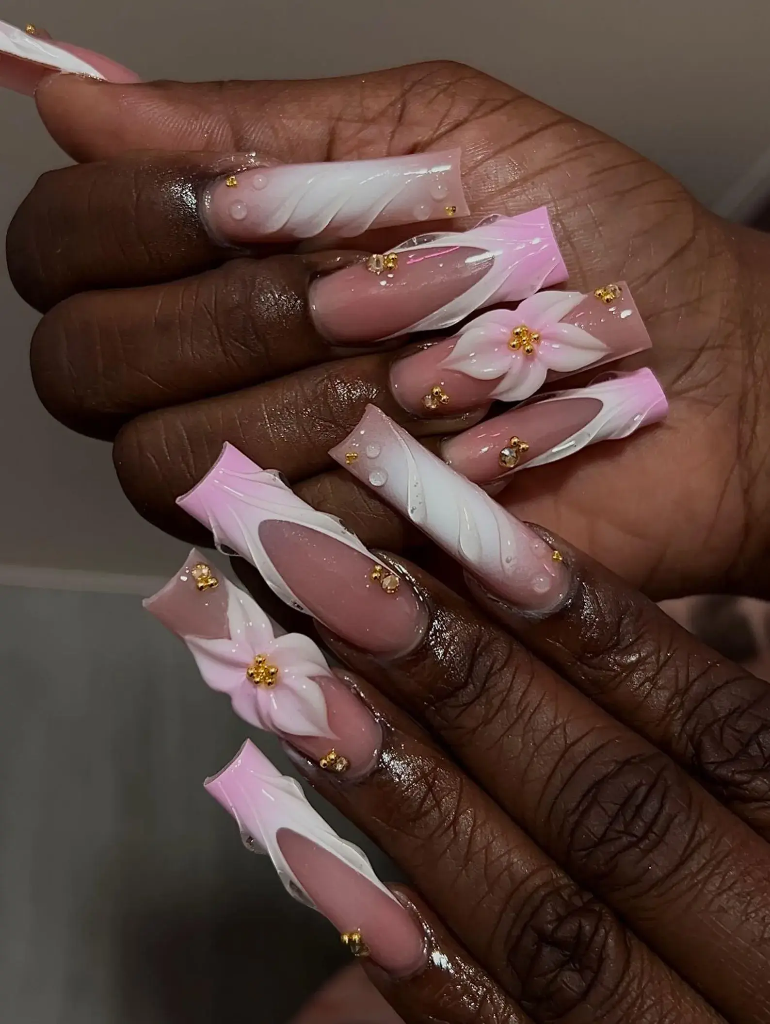 Elegant 3D Flower White French Tip Long Square Press On Nails US | Luxury Bridal, Wedding Acrylic Nail Art | Spring Handmade Fake Nails