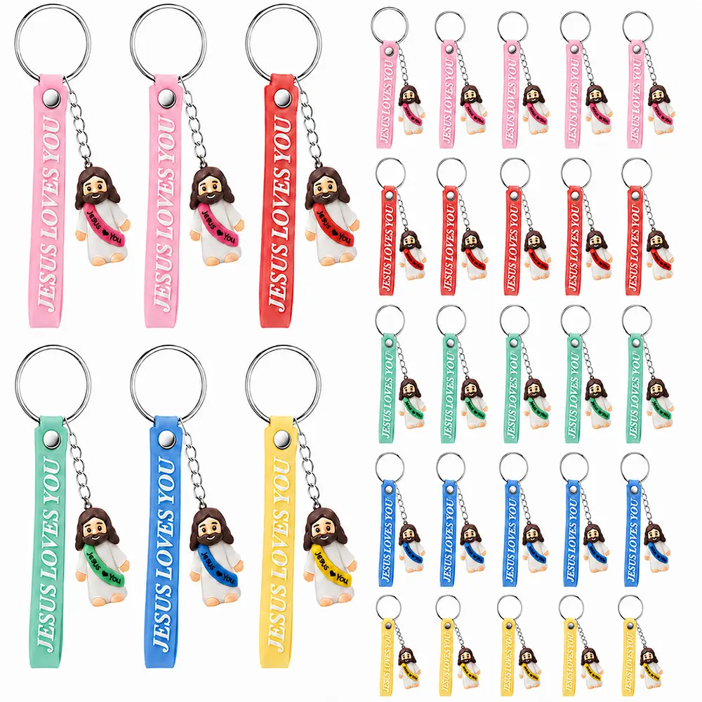 Cute 3D Cartoon Jesus Loves You Rubber Lanyard Keychain - Christianity Religious Key Holder with Key Rings, Split Ring, Daily Faith Reminder, Easter Baskets Gift for Christian Family
