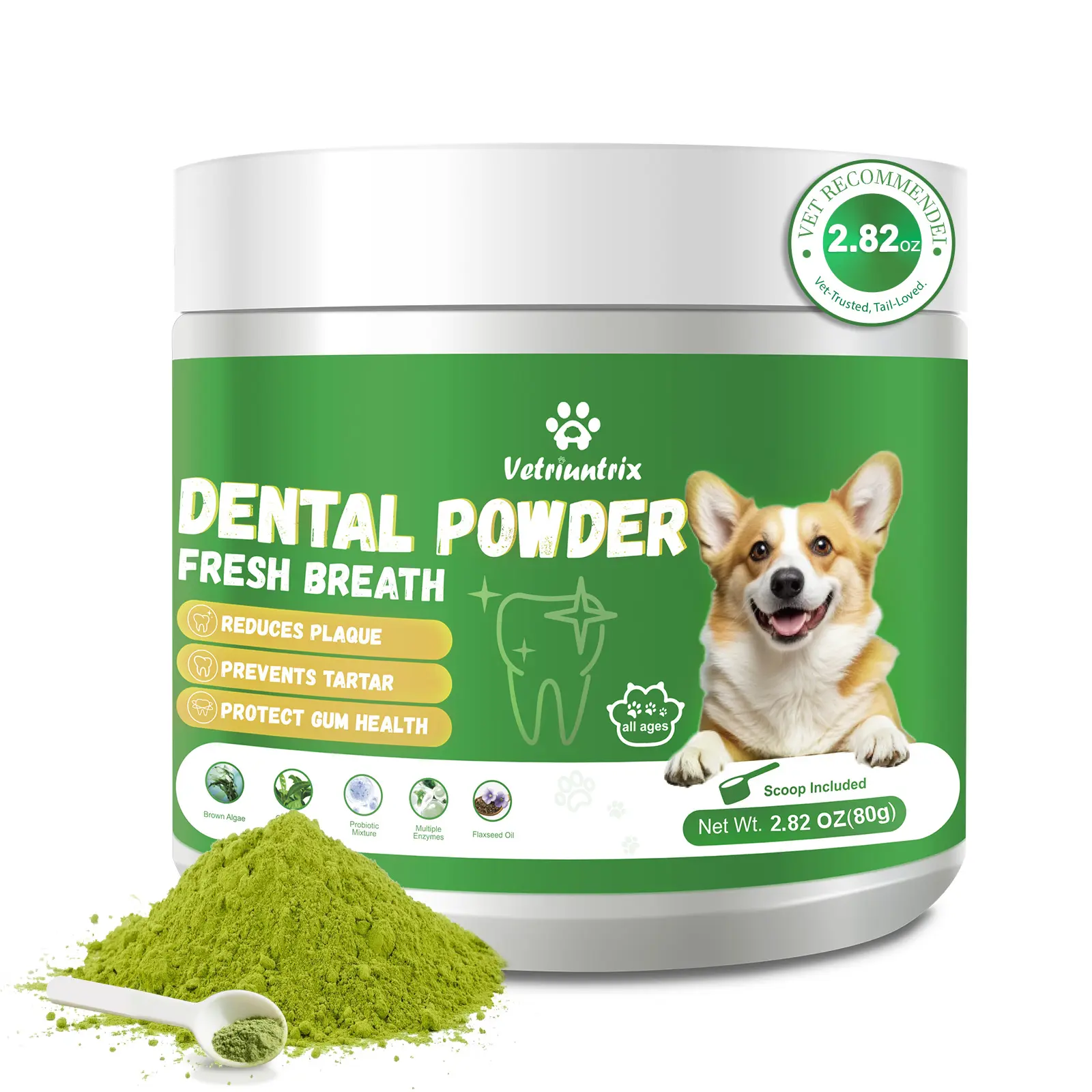 Vetriuntrix Ultra-Fine Dog Oral Care Powder, Chicken Flavor - Vet-Approved, No Brushing Needed, Plaque Reduction, Tartar Prevention, Gum Health Protection, Probiotics & Lysozyme, Sprinkle Food for Fresh Breath